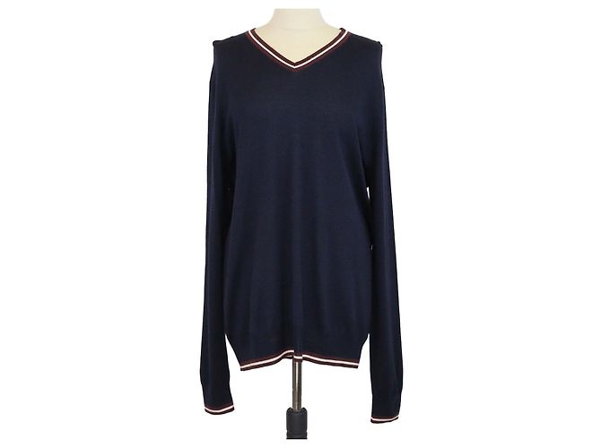 Hermès Hermes V-Ausschnitt Langarmpullover aus Kaschmir & Seide in Navy Blue Marineblau