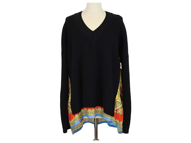 Versace Goddess Foulard V-Ausschnitt Pullover aus Wolle & Seide Schwarz/Multicolor Mehrfarben