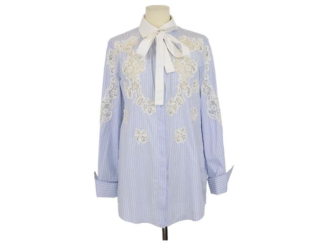 Camicia a maniche lunghe Valentino in cotone a righe blu/bianco con dettagli in pizzo e paillettes