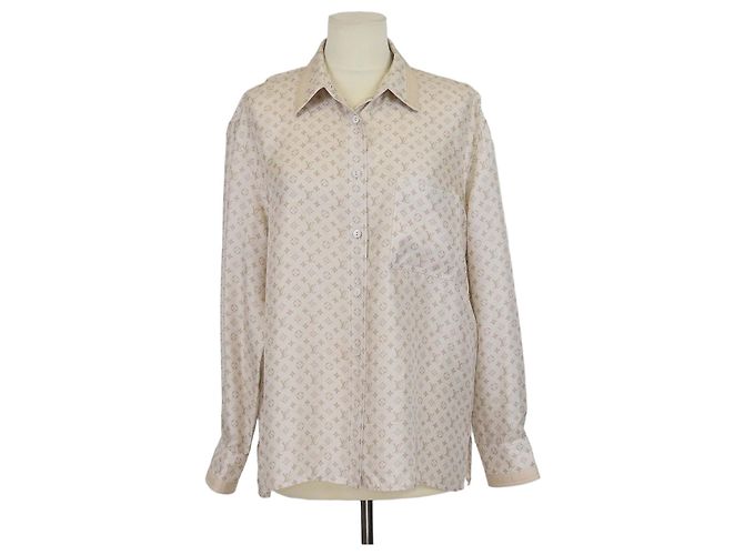 Camicia Louis Vuitton a maniche lunghe con bottoni in seta monogram beige