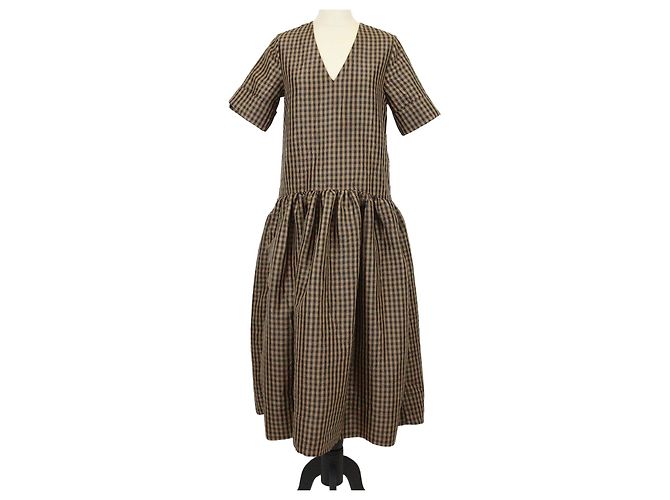 Vestido largo de poliéster a cuadros plisados marrón Ganni Castaño