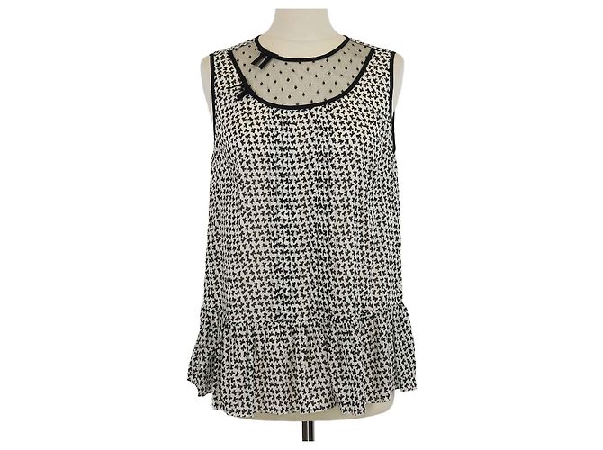 Top sin mangas plisado con estampado de lazo en algodón negro/blanco Red Valentino