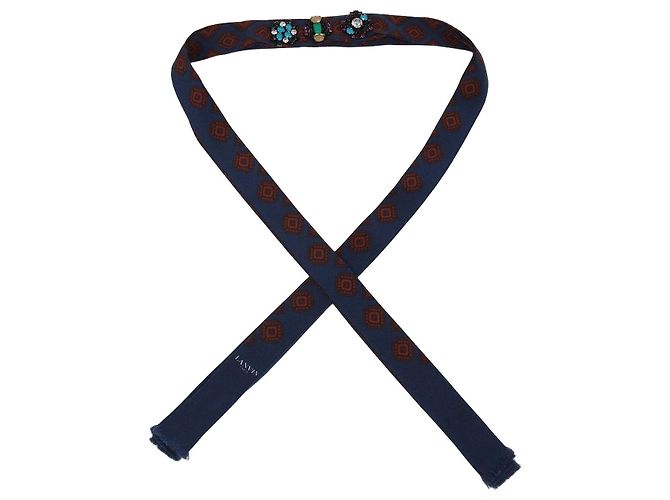 Sciarpa in seta Lanvin blu navy/rosso con decorazioni in cristallo