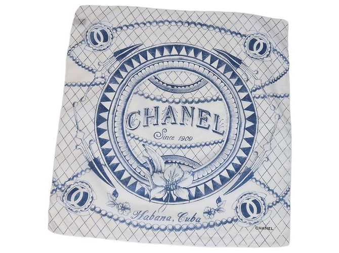 Pañuelo de seda Chanel con estampado Habana Cuba en algodón blanco/azul