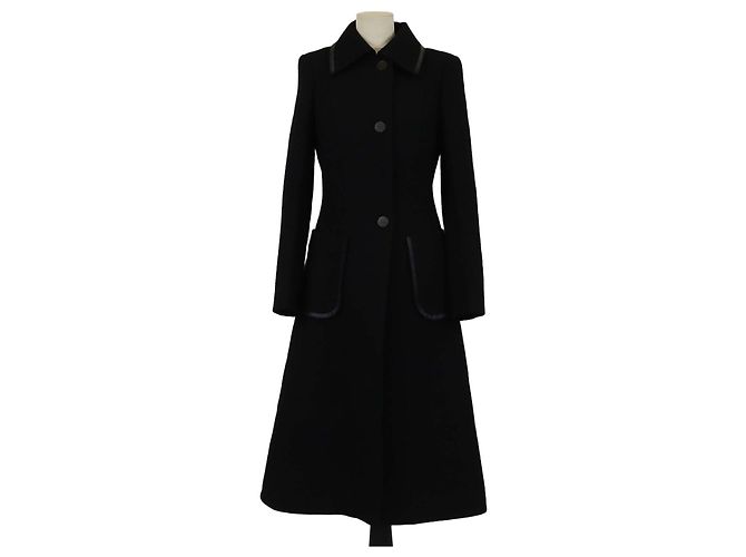 Loewe Black Wool Leather Trim Long Coat