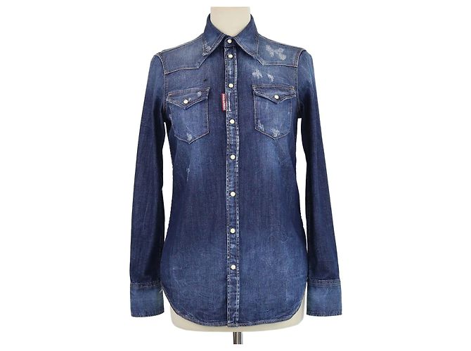 Camicia a maniche lunghe Dsquared2 in denim blu lavato e distressed