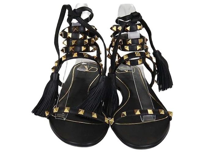 Sandali Gladiator con Nappine Rockstud in Pelle Nera Valentino Nero