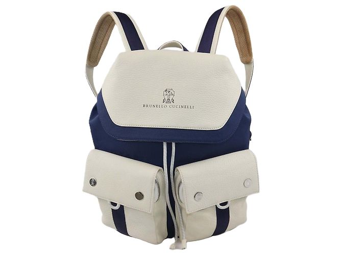 Mochila de cordón Brunello Cucinelli Kids en cuero y nailon Ivory/Blue Azul Crudo