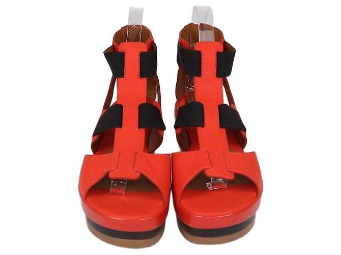Fendi Red Leather Elastic Strap Platform Sandals