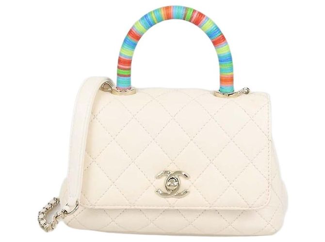 Mini mala Chanel Rainbow Coco Top Handle em pele acolchoada Off White Branco