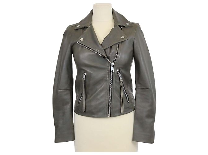 All Saints Dalby Bikerjacke aus Leder in Army Green Anthrazitgrau