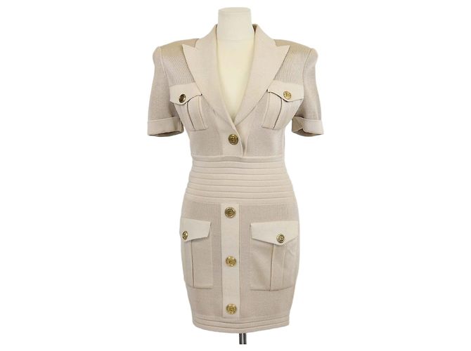 Vestido mini Balmain bege em malha de viscose de manga curta