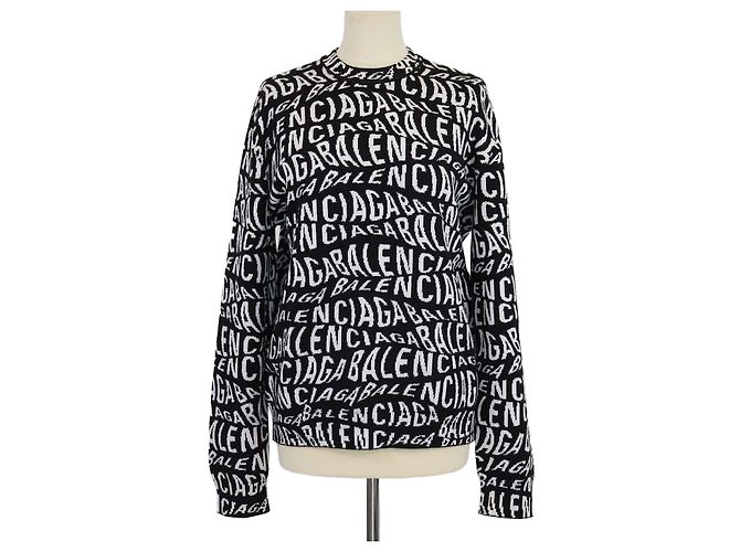 Balenciaga Strickpullover aus Wollmischung in Schwarz und Weiß mit Allover-Logo