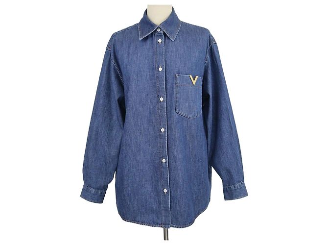 Camicia in chambray a maniche lunghe VLogo in denim blu navy Valentino