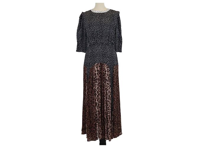 Autre Marque Vestido maxi Rixio Black/Brown em viscose com bolinhas e estampa de leopardo e mangas três quartos Marrom Preto