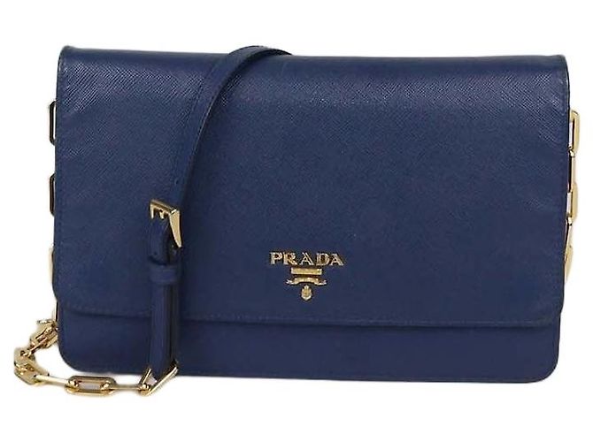 Prada Navy Blue Saffiano Leder Flap Wallet on Chain Blau