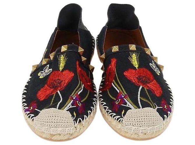 Espadrillas basse Valentino in tela nera e pelle con ricami floreali Rockstud Nero