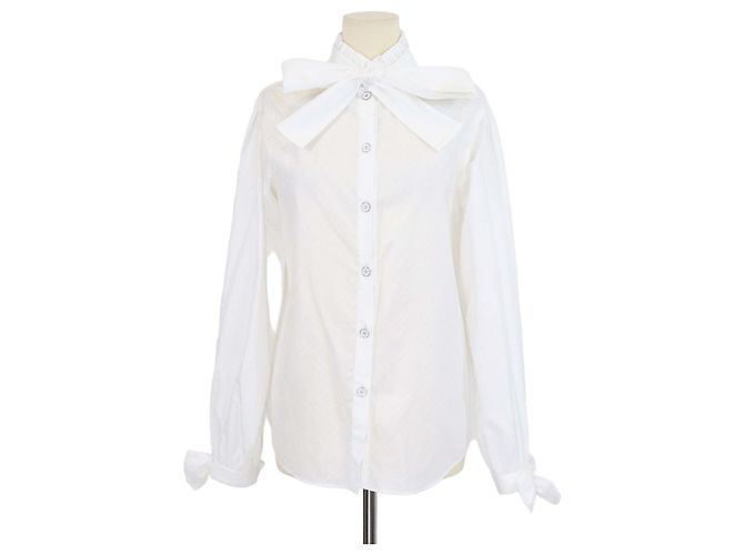 Túnica de manga comprida em algodão branco com laço Chanel
