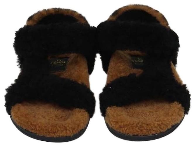 Fendi Black/Broan Shearling Ankle Strap Flat Sandals Brown