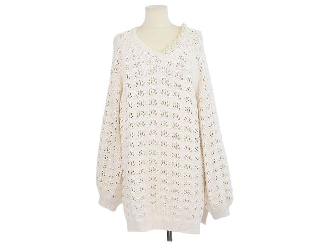 Camisola de malha de algodão crochet Simone Rocha bege com decote em V