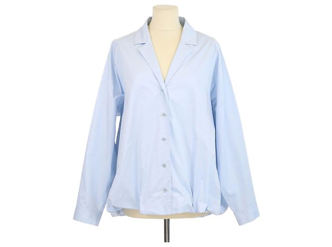 Top azul de algodón de manga larga con botones Tibi