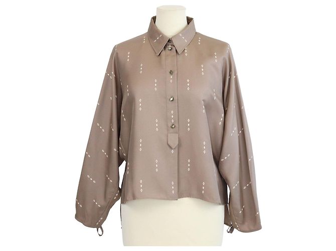 Hermès Camicia corta da pittore Hermes Grey Silk Losanges sur Faconne Grigio