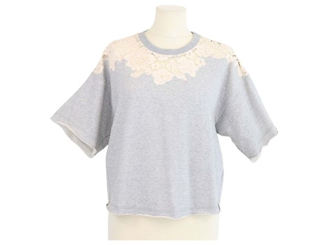 Camisa cropped 3.1 Phillip Lim em algodão cinza claro com acabamento em renda floral