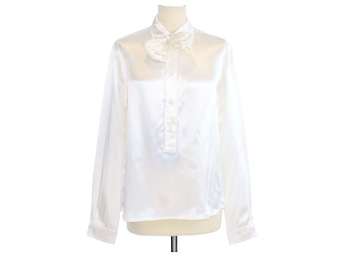 Camicia a maniche lunghe in raso ricamato Prada Ivory Satin Crudo