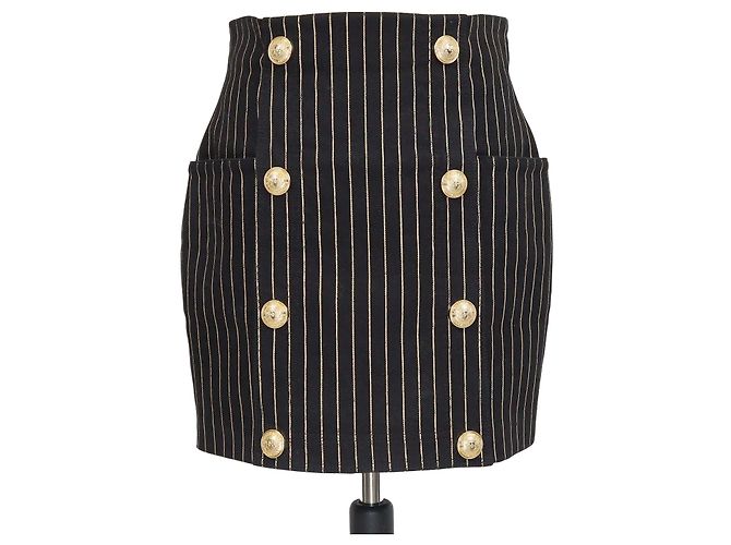 Minifalda Balmain de algodón a rayas negras con botones ornamentados Negro