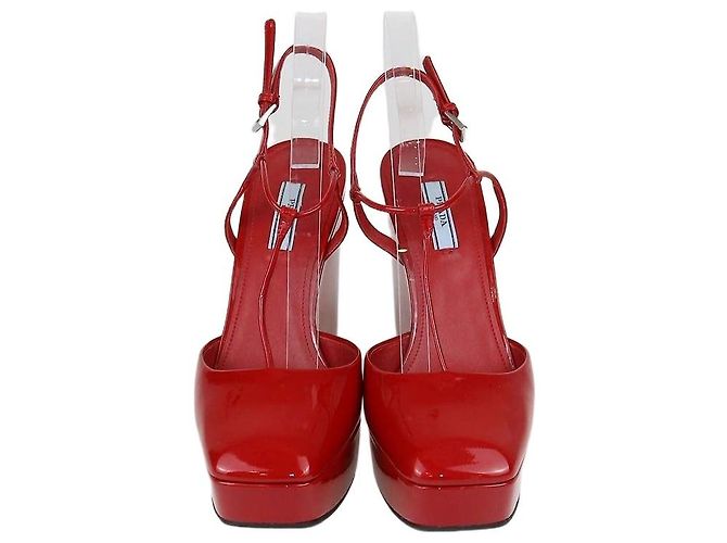 Prada Red Patent Leather T-Strap Wedge Pumps