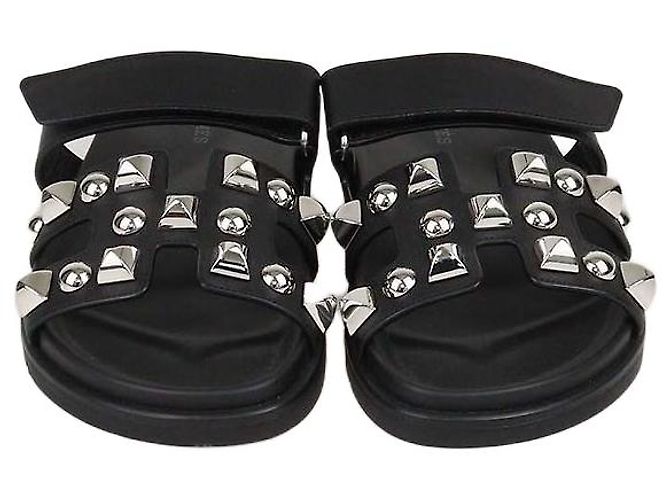 Hermès Hermes Black Leather Medor Studs Chypre Sandals