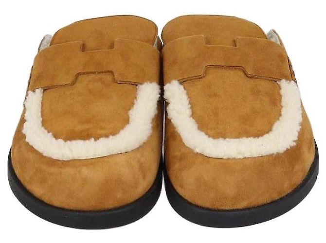 Hermès Mules Hermes GO in camoscio e shearling marrone