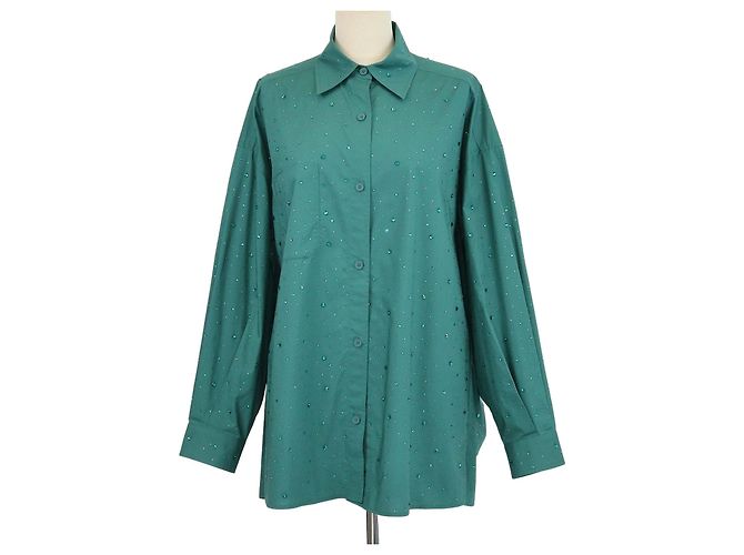 Camisa Sandro de manga comprida em algodão verde com botões adornados com strass Argentine