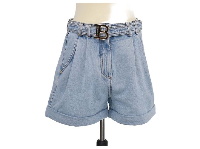 Balmain Mini Short em Denim Azul com Cinto Logo