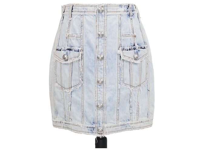 Balmain Washed Blue Denim Button Mini Skirt