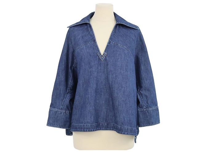 Top in chambray Valentino in denim blu con V Logo e maniche a tre quarti