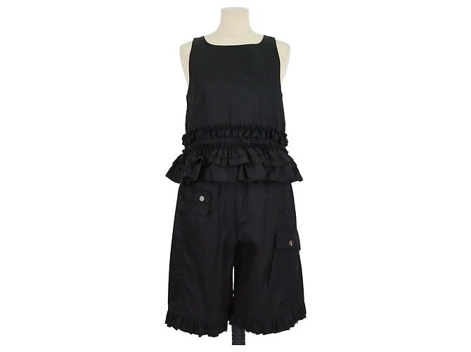 Set Top con Volant e Shorts Cargo in Poliammide Nera Ganni Nero