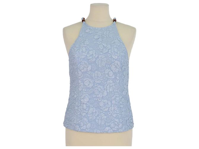 Ganni Cloqué-Top mit blauen Perlenbesatz Hellblau