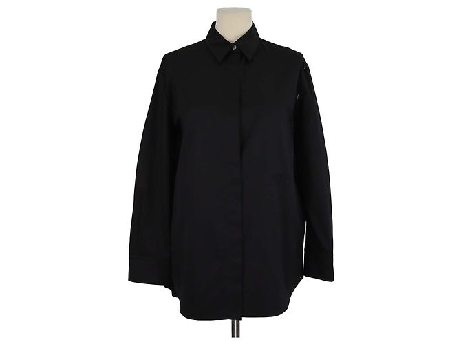 Hermès Camicia a maniche lunghe in cotone nero con logo ricamato Hermes