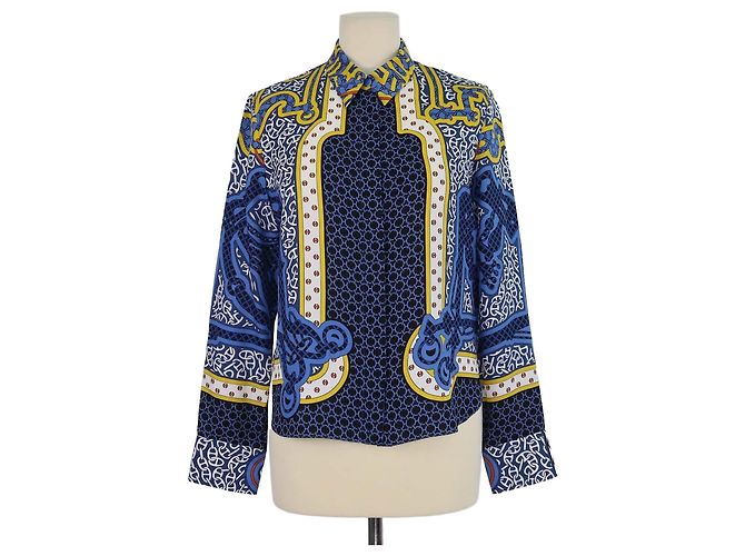 Camicia Hermès in seta blu con stampa Bandana Eperon d'Or