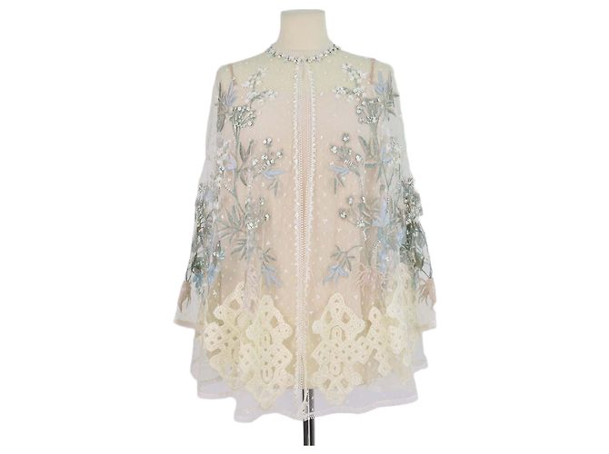 Blusa Biyan Cream Polyamide Sehati con perline e ricami floreali Crudo