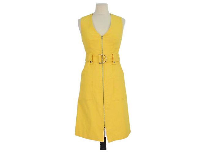 Vestido sin mangas Diane Von Furstenberg de algodón amarillo con cremallera frontal y cinturón