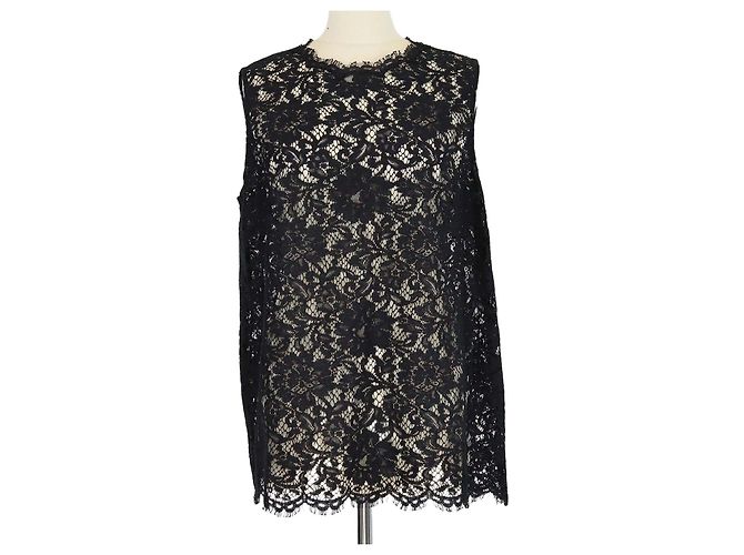 Top sem mangas em renda floral de algodão misto preto Dolce & Gabbana