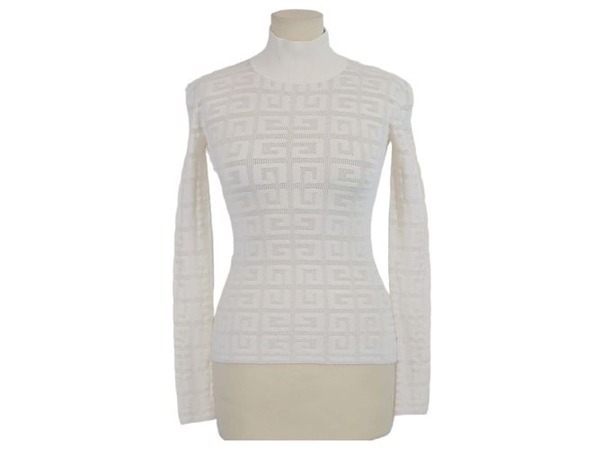 Givenchy Off White Strickpullover aus Viskose mit 4G-Jacquard und Rollkragen Aus weiß