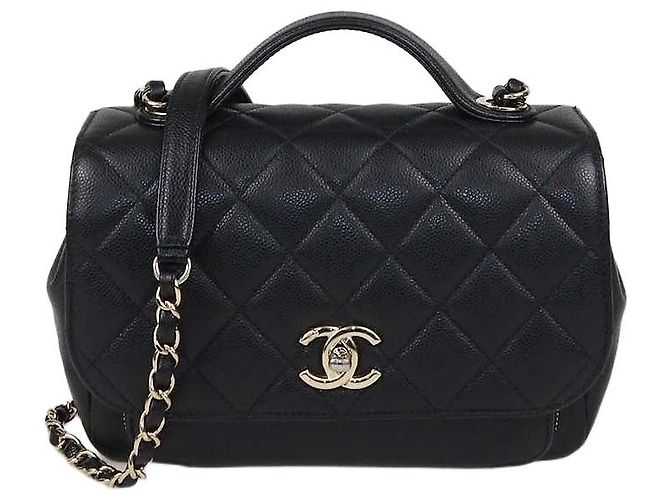 Bolsa Chanel Medium Business Affinity com aba e alça de mão em couro caviar matelassê preto