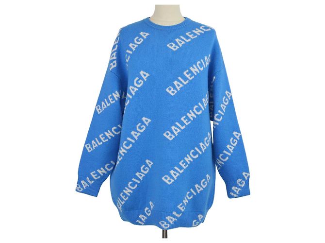 Balenciaga blauer Wollpullover mit Allover-Logo