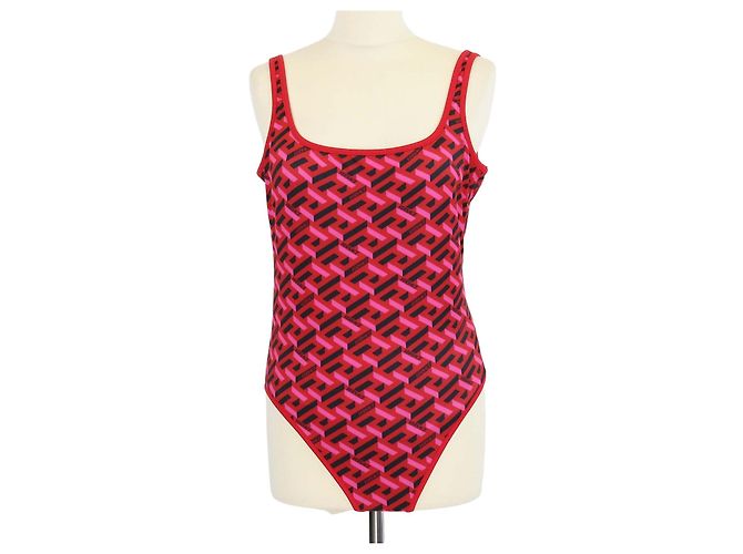 Versace einteiliger Badeanzug aus rotem Jersey mit geometrischem Logo-Print