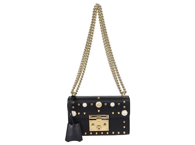 Padlock Borsa a tracolla Gucci Small in pelle nera con borchie di perle e lucchetto Nero