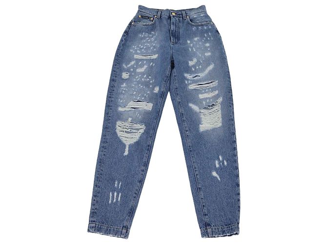 Pantaloni Dolce & Gabbana in denim blu lavato con tasche patchwork e strappi