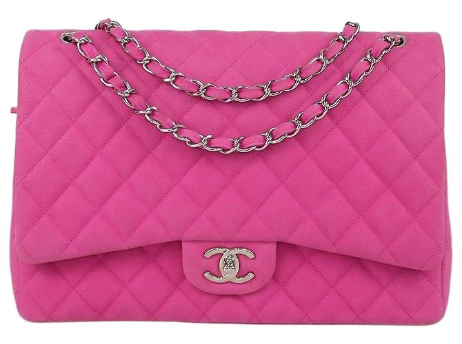 Borsa Chanel Maxi Classic Double Flap in pelle caviar matelassé e nubuck rosa